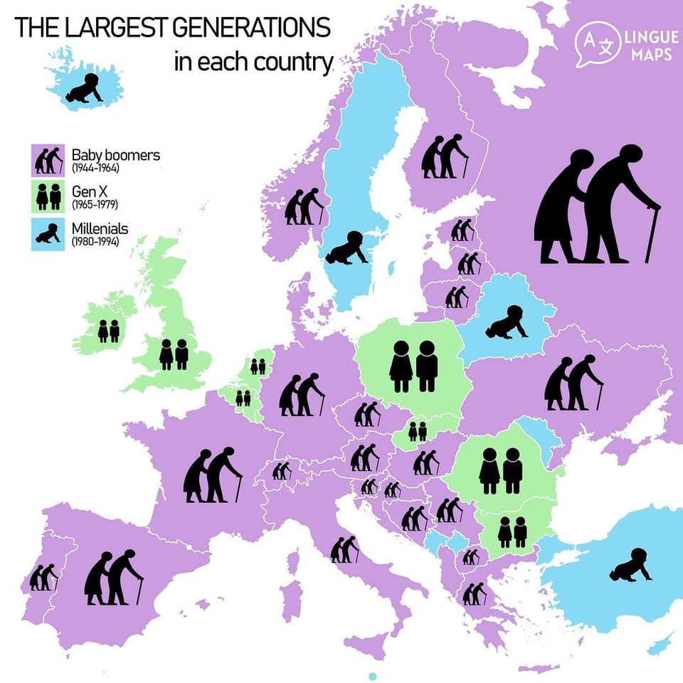 The map shows the largest generations in each country.